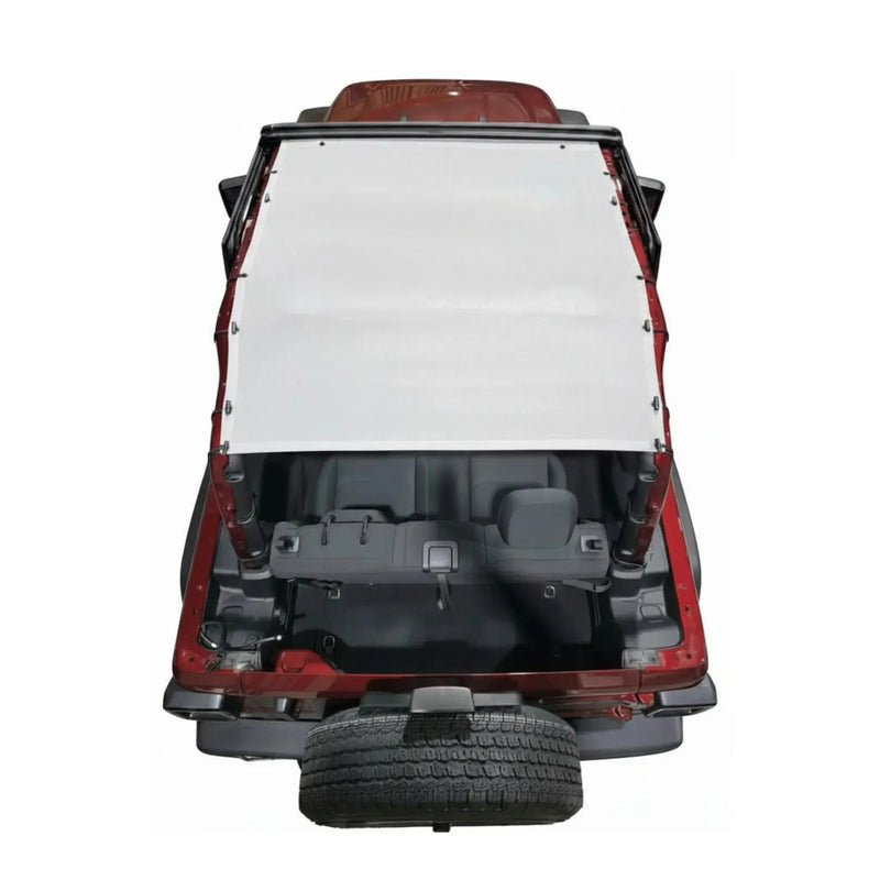 White mesh Hothead Sunshade installed on a red 2-door Jeep Wrangler JL, top-down view.