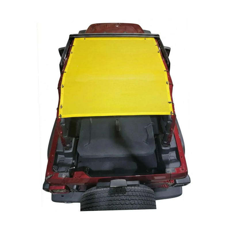 Yellow mesh Hothead Sunshade installed on a red 2-door Jeep Wrangler JL.