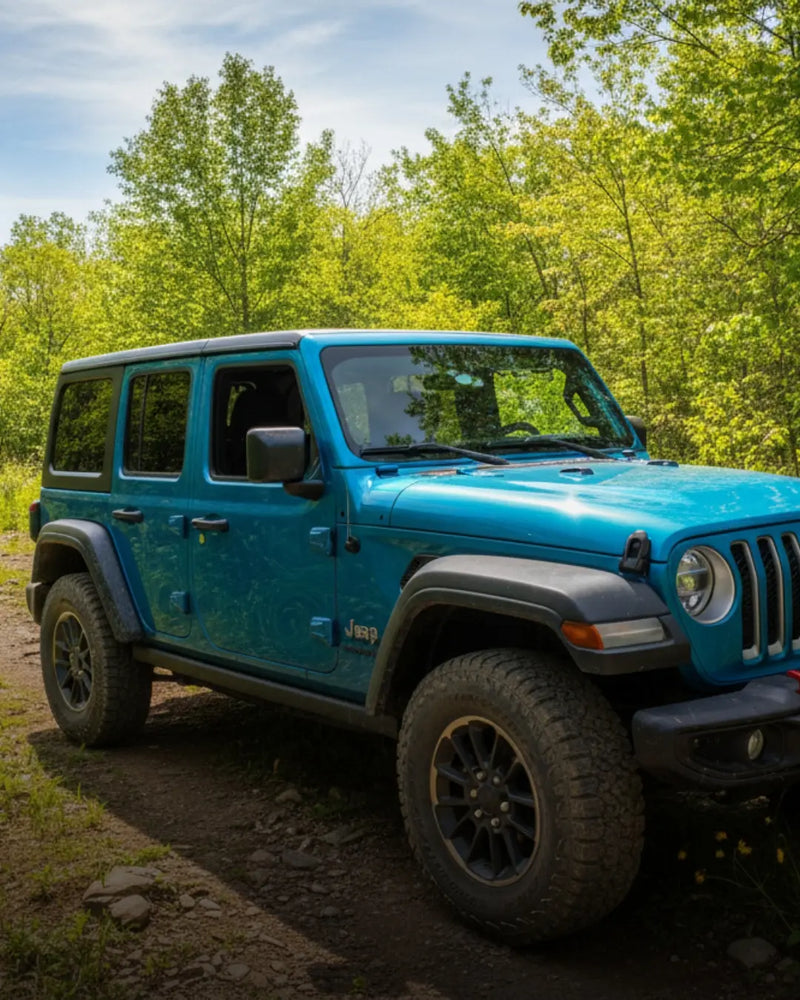 Jeep Wrangler on a forest trail with Hothead Headliners installed, designed to reduce heat and road noise in Jeep and Bronco vehicles