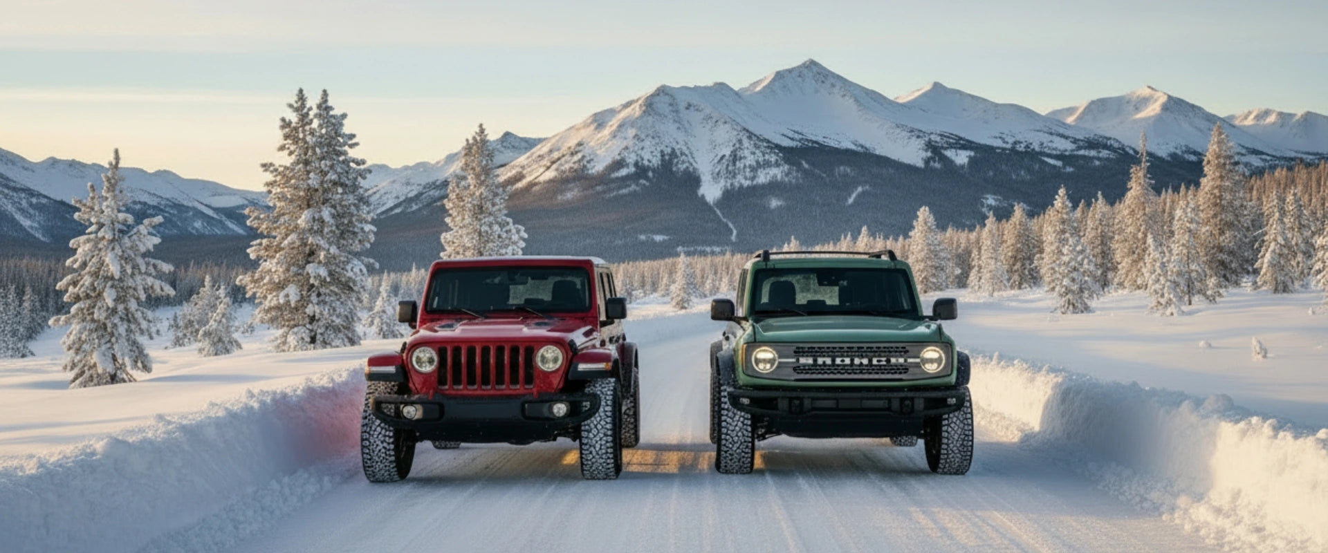 Jeep Wrangler and Ford Bronco on a snow-covered mountain road at sunrise, highlighting winter driving comfort and off-road capability.