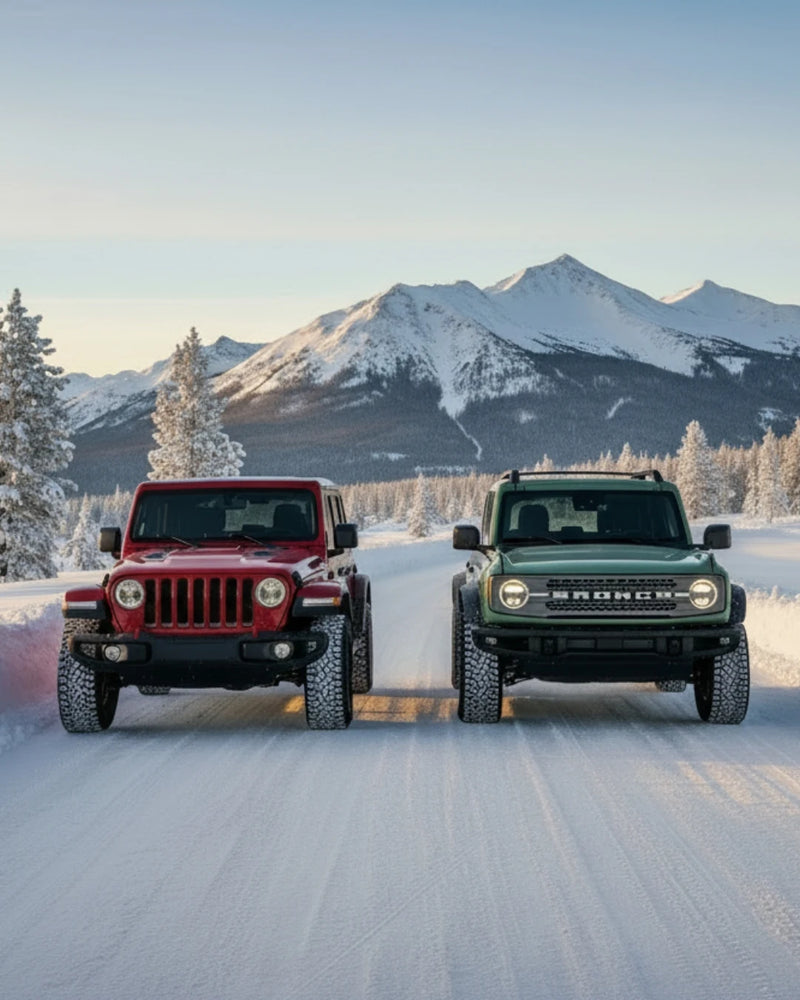 Jeep Wrangler and Ford Bronco on a snow-covered mountain road at sunrise, highlighting winter driving comfort and off-road capability.