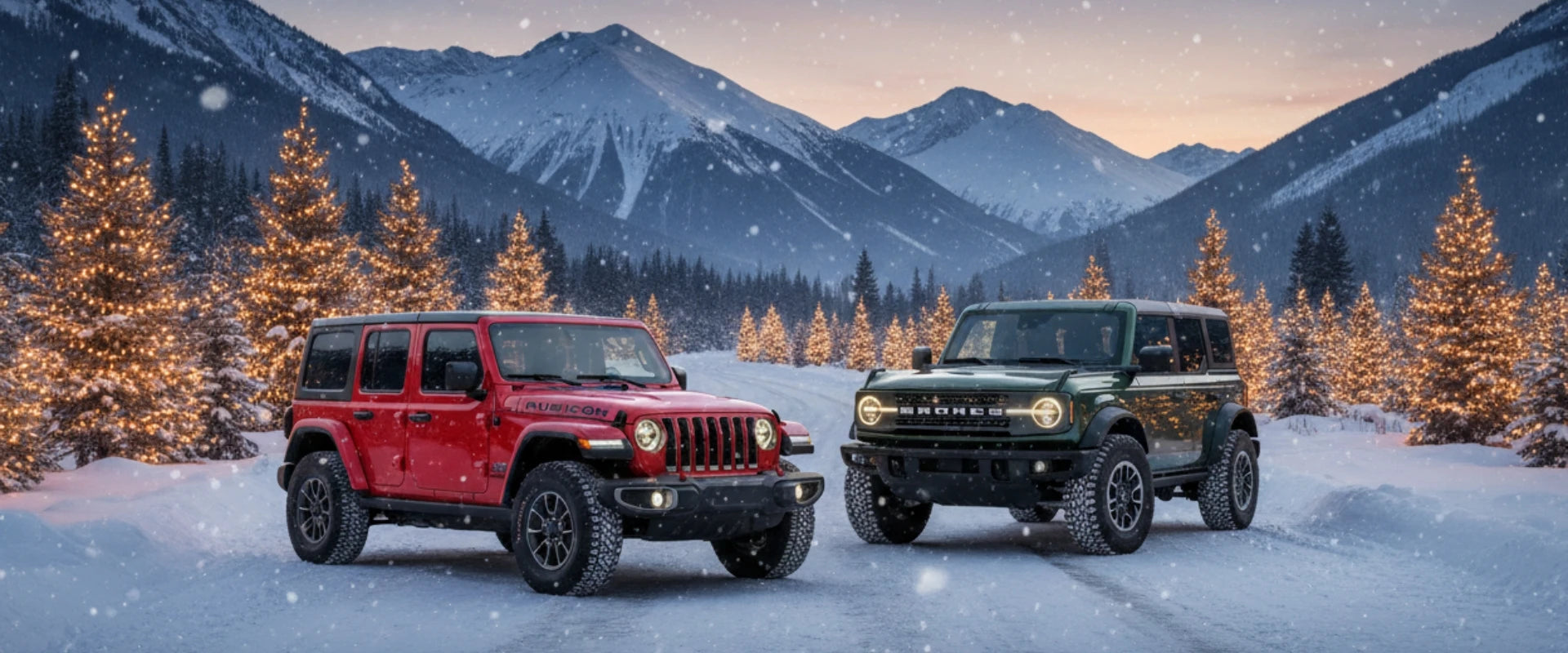 Jeep Wrangler and Ford Bronco parked in snowy mountains with Christmas lights — Hothead Headliners holiday sale hero image.