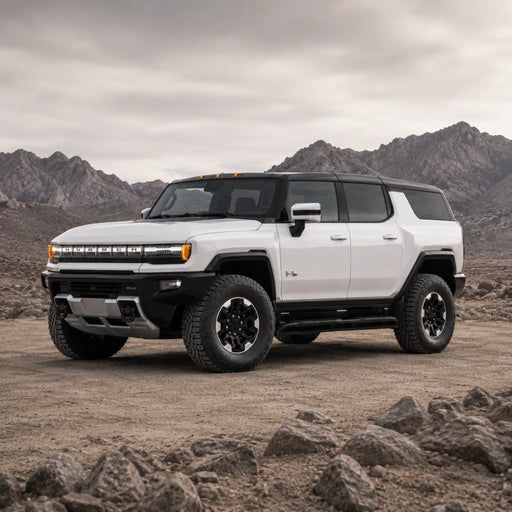 GMC HUMMER EV SUV facing left in a rocky desert landscape