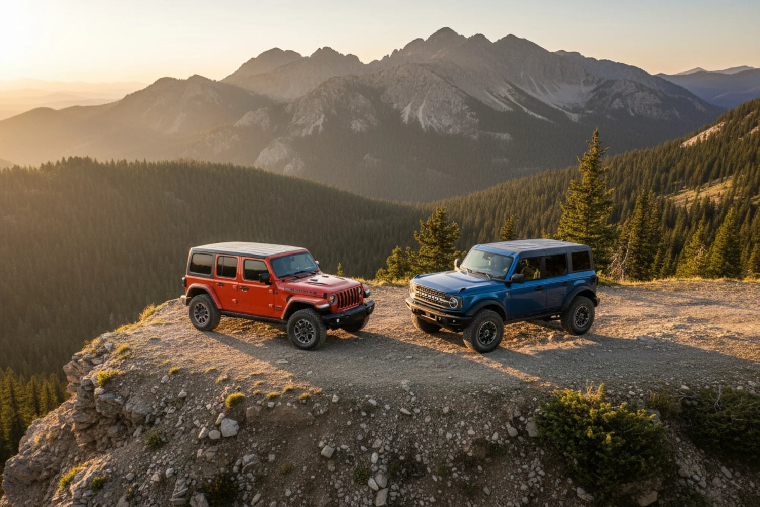 Jeep and Ford Bronco with Hothead Headliners hard tops installed, reducing noise and heat in mountain sunlight.