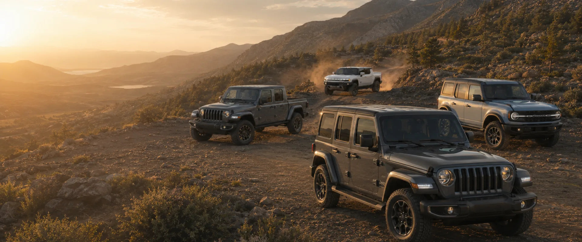 Golden-hour mountain trail with Jeep Wrangler, Jeep Gladiator, Ford Bronco, and GMC HUMMER EV.