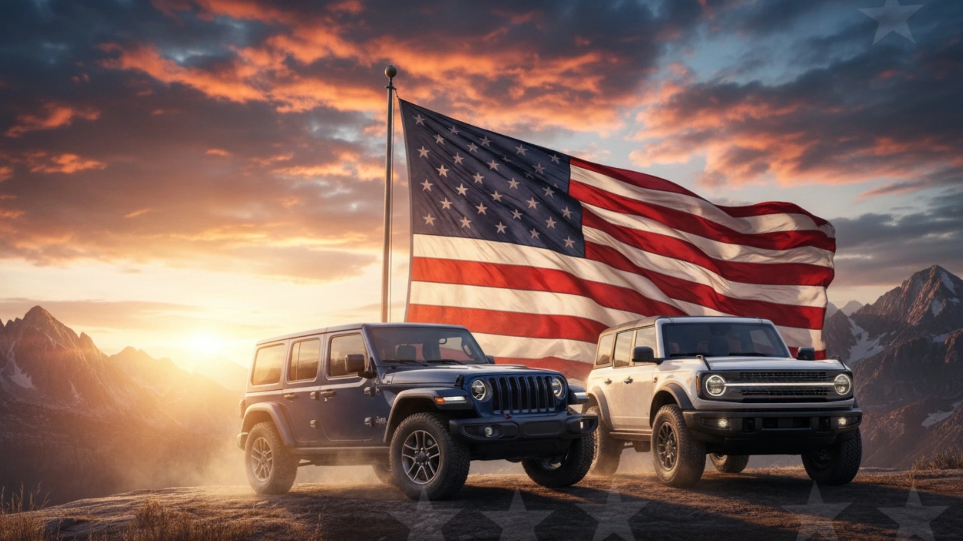 Jeep and Ford Bronco parked before a large American flag at sunset, promoting Hothead Headliners’ Veterans Day Sale with 15% off and free shipping on Jeep and Bronco headliners made in the USA.