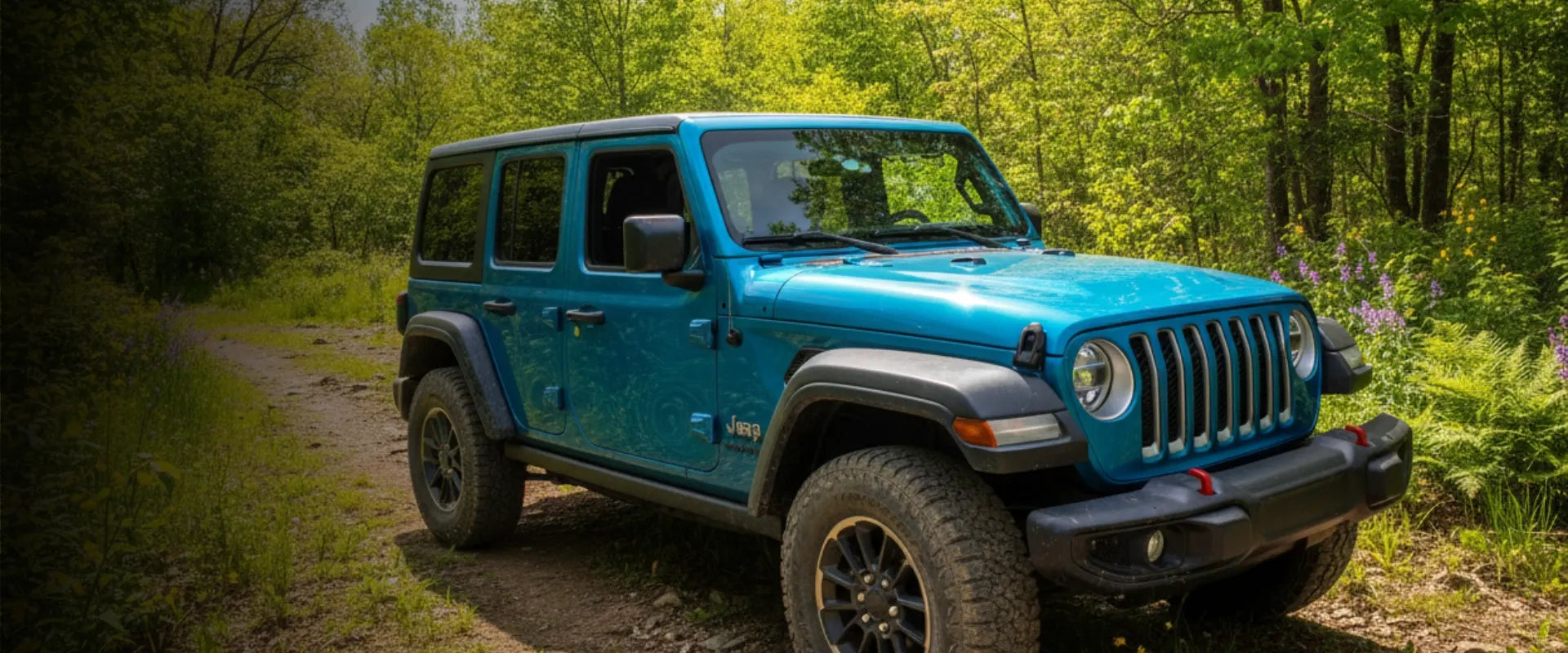 Jeep Wrangler on a forest trail with Hothead Headliners installed, designed to reduce heat and road noise in Jeep and Bronco vehicles