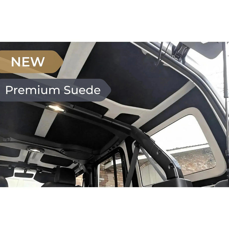 Premium suede hard top headliner installed in a Jeep Wrangler JL 4-door